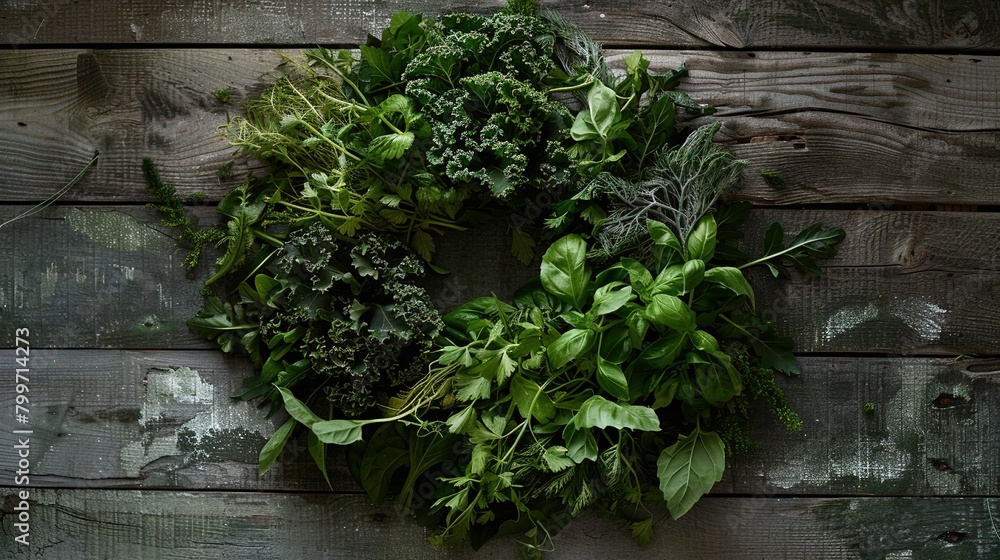 Array of leafy greens and vegetables on a dark wooden surface. Generated AI.