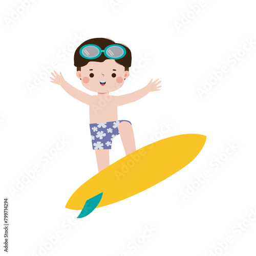 cute surfer kid character with surfboard on beach. Happy young surfer on the crest wave, flat vector illustration isolated on white background summer time 