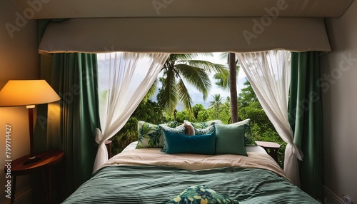  a tropical paradise bedroom getaway featuring vibrant tropical prints, natural materials, and breezy curtains, transporting you to a tranquil island paradise."