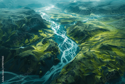 Aerial view of vivid green landscapes with a blur river flowing through the valley