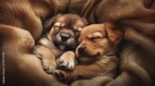 An adorable image of a male and female puppy cuddled up together in a soft bed  their paws intertwined and eyes closed in peaceful slumber  showcasing the innocence 