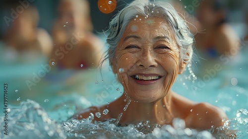 Senior woman exuding warmth and happiness at a lively pool party