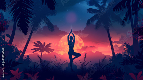 The silhouette of a yogi practicing a pose under a mesmerizing twilight sky, flanked by the silhouettes of tropical palms. photo
