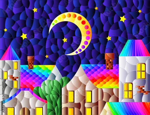 Illustration in the style of a stained glass window with an urban landscape against the background of the night starry sky and the moon