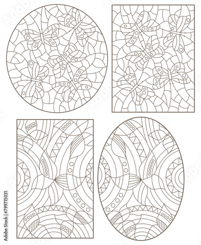 A set of contour illustrations in stained glass style with abstract butterflies, dark outlines on a white background