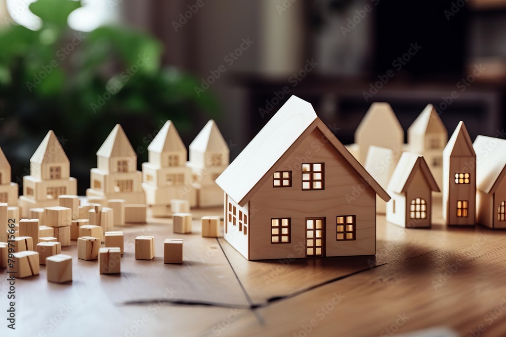 Wooden blocks arranged on a table with a small house model out of focus in the backdrop, suggesting property investment Wooden blocks arranged on a table with a small house model out of focus in the backdrop, suggesting property investment