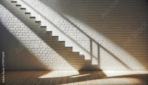  Shadow of a staircase cast on a white brick wall in a room with wooden flooring.