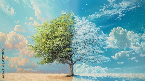 A singular tree depicted in dual seasons its left bursting with green leaves under summer skies photo