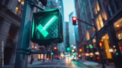 A green arrow traffic signal allowing vehicles to turn left safely at an intersection, directing traffic flow efficiently. photo