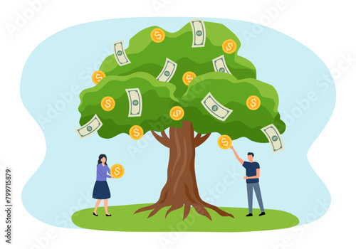 Business investment profit flat vector illustration. Revenue and income metaphor. Man and woman picking cash from money tree. Investors strategy, funding concept.