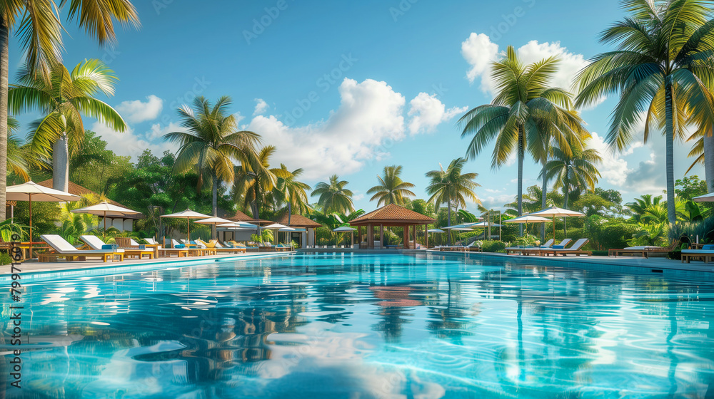  Resort swimming pool surrounded by palm trees and lounge chairs under a clear blue sky.
