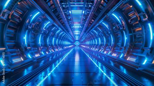 Long corridor with futuristic blue neon lights leading towards a bright exit. photo