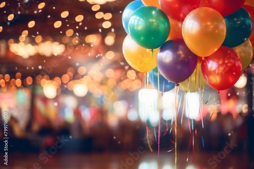 Brightly colored party balloons in the foreground with a blurred background of guests celebrating a birthday photo