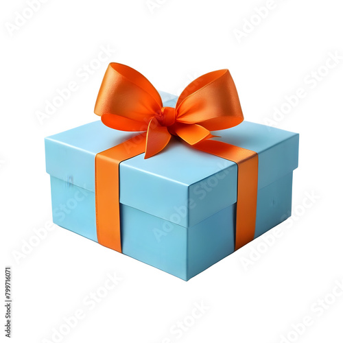 Sky blue gift box with a neon orange bow on a transparent background, PNG format