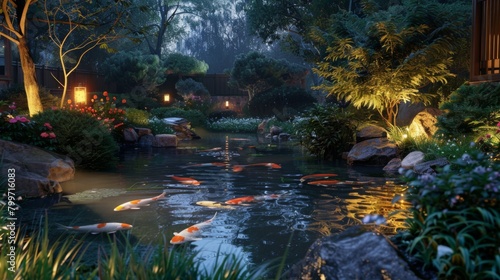 A koi fish pond illuminated by soft evening light, creating a magical ambiance of calm and relaxation.