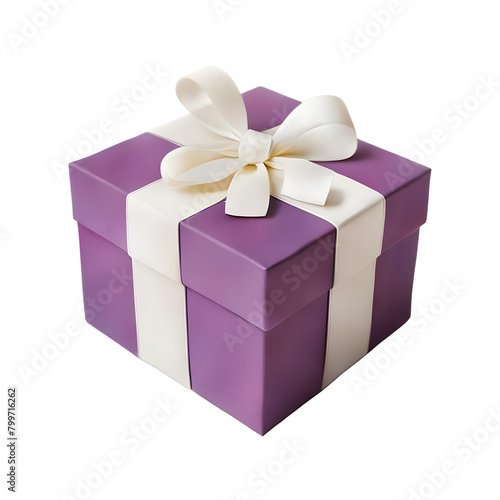 Violet gift box with an ivory bow on a transparent background, PNG format