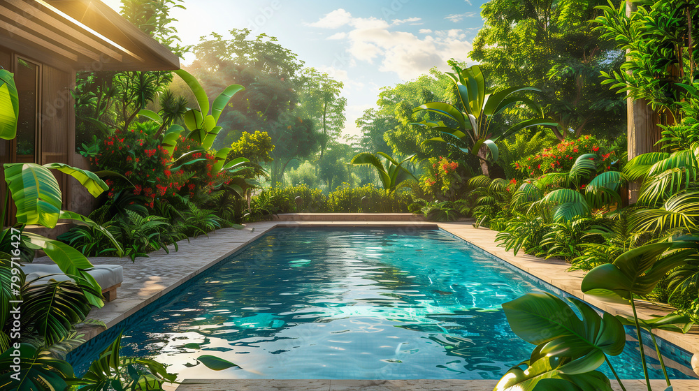 A tranquil pool surrounded by lush tropical plants and flowers basking in the sunlight.