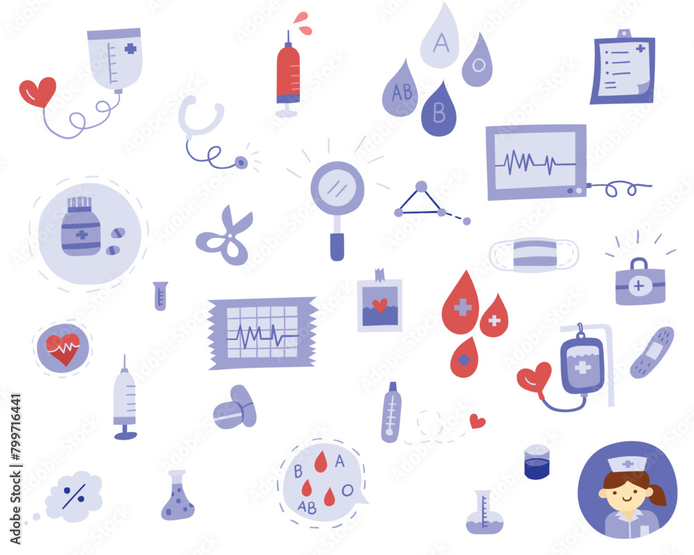 Health care element hand drawn flat icon vector design style set of blood bag, chemistry glass, heart graph rate, syringe, saline bag, stethoscope, pill, thermometer. Health care element hand drawn flat icon vector design style set of blood bag, chemistry glass, heart graph rate, syringe, saline bag, stethoscope, pill, thermometer.