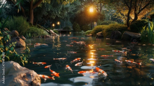 A koi fish pond illuminated by soft evening light  creating a magical ambiance of calm and relaxation.