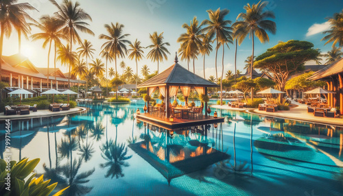 Resort infinity pool surrounded by palm trees with a gazebo bar in the center during a warm sunset... © Hanna Tor