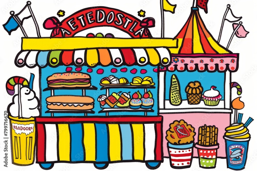 Cartoon cute doodles of a bustling food court at the carnival, offering a variety of delicious treats like funnel cakes, hot dogs, Generative AI Cartoon cute doodles of a bustling food court at the carnival, offering a variety of delicious treats like funnel cakes, hot dogs, Generative AI