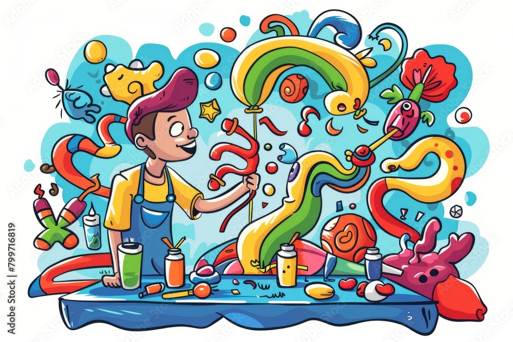 Cartoon cute doodles of a talented balloon artist creating intricate sculptures for children at the carnival, Generative AI