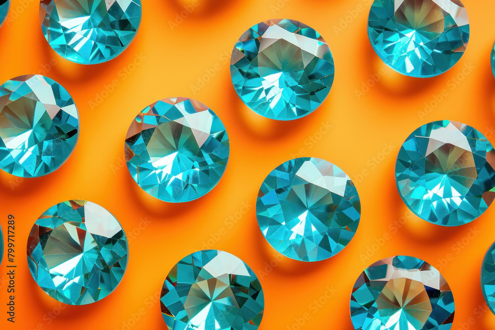 Group of vibrant blue diamonds on a bright orange background with a clear blue sky Group of vibrant blue diamonds on a bright orange background with a clear blue sky