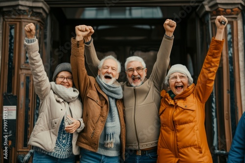 happy senior friends with raised hands at city street, pensioners concept