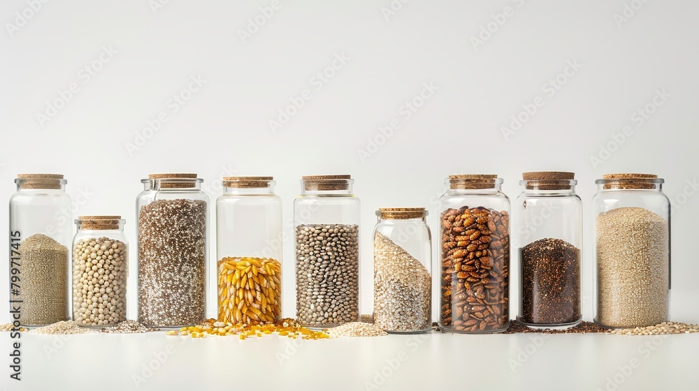 Assortment of grains in glass jars against a white background. Generated AI. Assortment of grains in glass jars against a white background. Generated AI.