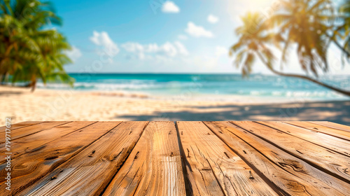 Wooden board with the beach in the background created with Generative Ai technology