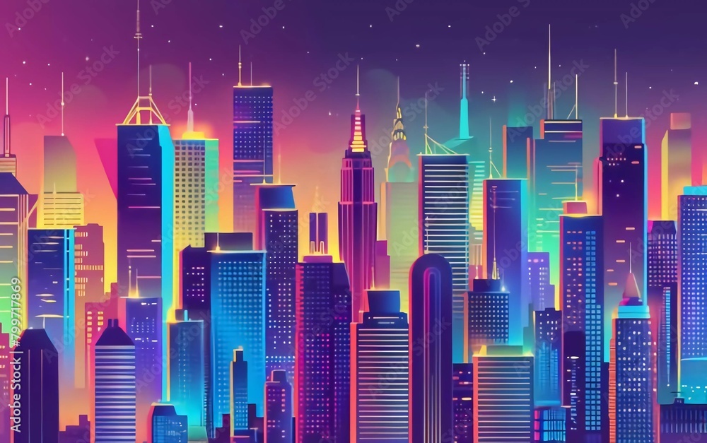 
Futuristic colorful city, panoramic view of skyscrapers and high-rise buildings vector illustration, very beautiful city view