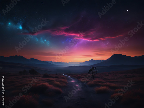 A dreamy landscape  with neon lights floating up towards the stars  the night sky with their electric glow. Generative AI