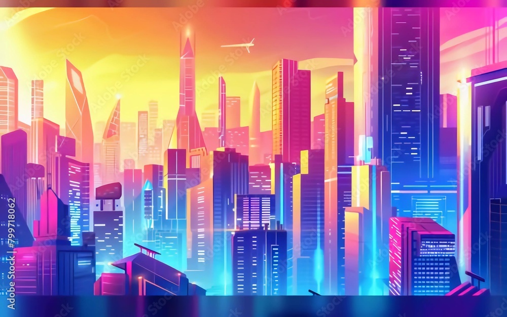 
Futuristic colorful city, panoramic view of skyscrapers and high-rise buildings vector illustration, very beautiful city view