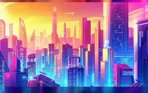  Futuristic colorful city  panoramic view of skyscrapers and high-rise buildings vector illustration  very beautiful city view