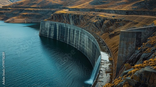 Close-up of a massive dam wall impounding a vast reservoir of freshwater,  photo