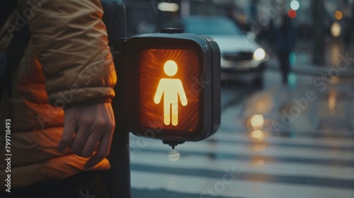 A pedestrian pushing the button at a crosswalk signal, activating the pedestrian walk signal for safe crossing. photo