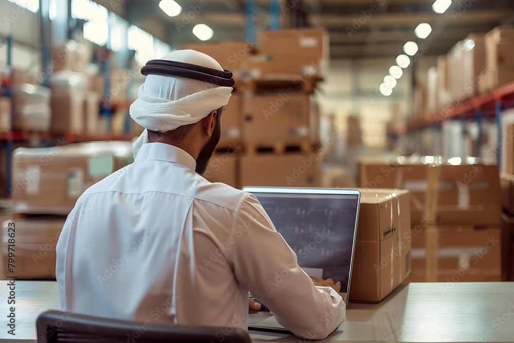 A arabic man wearing a Saudi bisht, in front of laptop to input data for customers to send their orders in cardboard boxes.