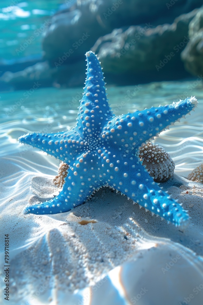 Blue white starfish on white sand in clear tropical water Blue white starfish on white sand in clear tropical water