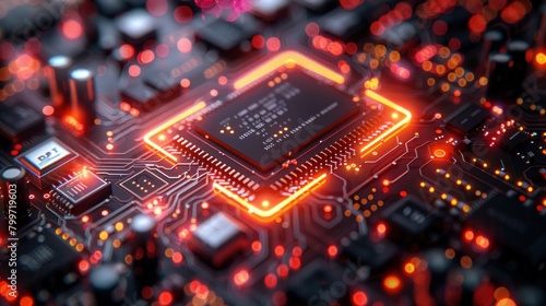 Chip and circuitboard in a dark background glowing data visualization with orange lights