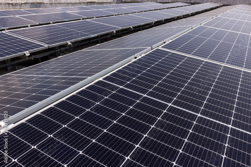 Solar Panels: Solar panels glisten under the clear blue sky, harnessing energy