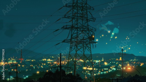 A power line tower at night, illuminated by the glow of city lights, showcasing the continuous flow of electricity that powers urban life.