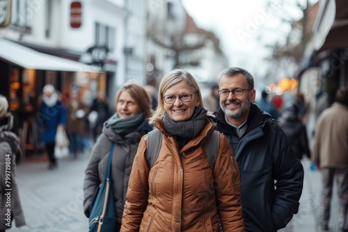 Mature couple walking on a city street. Smiling man and woman in the city.