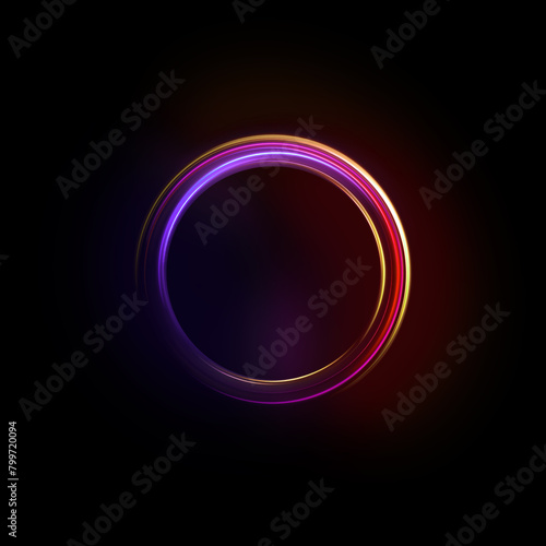 Neon blurry light circles at motion . Swirl trail effect. Abstract vector fire circles. Night road speed illustration. Rounded neon line with light effect. Energy flow tunnel. Blue portal.