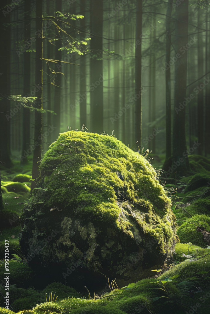 A tranquil woodland scene featuring a moss-covered boulder, with its soft green hues and velvety textures creating a minimalist composition that highlights the subtle beauty of nature's growth A tranquil woodland scene featuring a moss-covered boulder, with its soft green hues and velvety textures creating a minimalist composition that highlights the subtle beauty of nature's growth