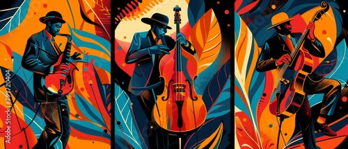 Create a series of posters for a jazz music festival capturing the energy and rhythm of the music with vibrant abstract designs