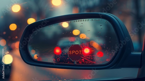A red stop signal reflected in a rearview mirror, reminding drivers to obey traffic laws and regulations. photo