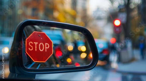 A red stop signal reflected in a rearview mirror, reminding drivers to obey traffic laws and regulations.