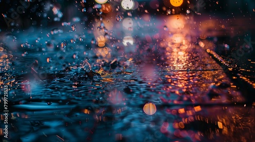 Close-up of raindrops splashing on pavement during a downpour, creating dynamic patterns and reflections that capture the essence of a refreshing summer rain shower in an urban setting.