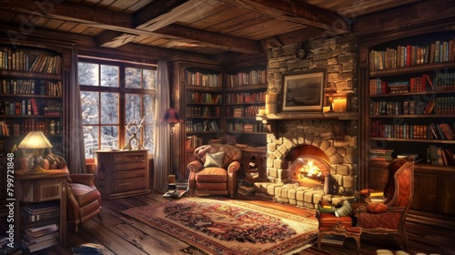 A rustic den with a fireplace  cozy armchairs  and shelves filled with books  ideal for quiet evenings and leisurely reading.