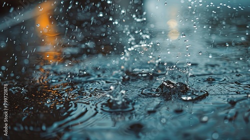 Close-up of raindrops splashing on pavement during a downpour, creating dynamic patterns and reflections that capture the essence of a refreshing summer rain shower in an urban setting.